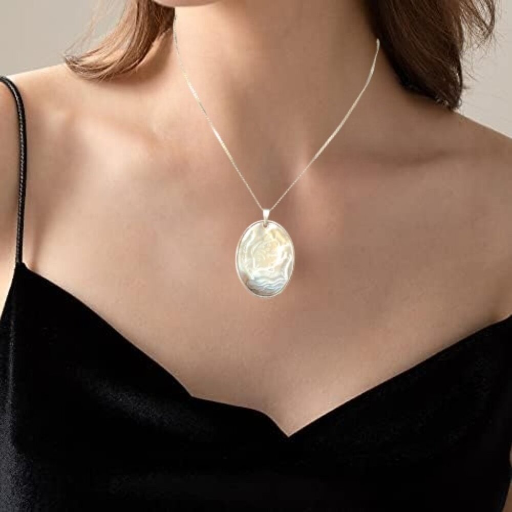 Sterling Silver .925 Italy Necklace Engraved Mother of Pearl Oval Pendant
